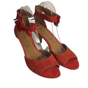 Tamaris Red Suede Ankle Bow Strap Zip Kitten Heel Open Toe Shoe Sandal Sz 38